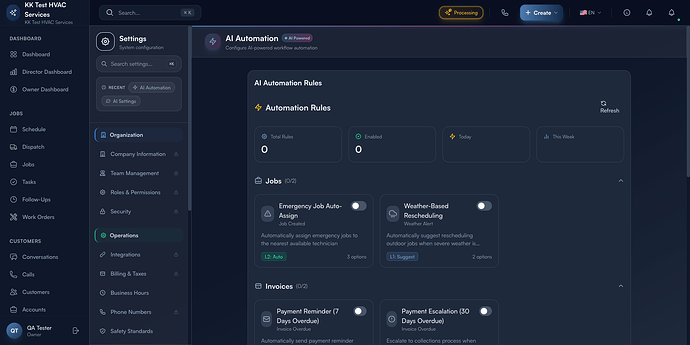 Step 3: AI Automation rules dashboard with category sections and active toggles