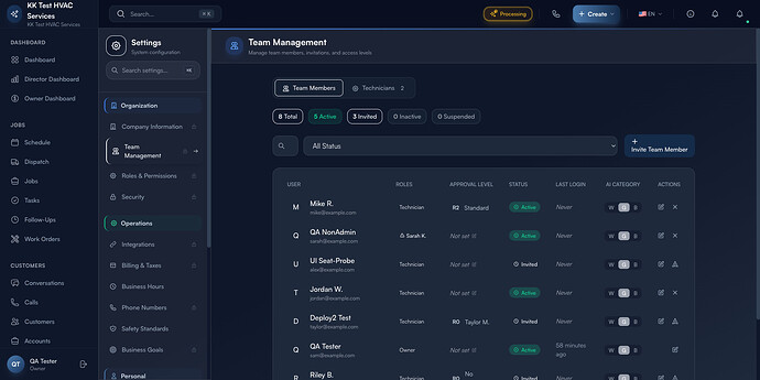 Step 5: Team Management roster with Role and Approval Level columns
