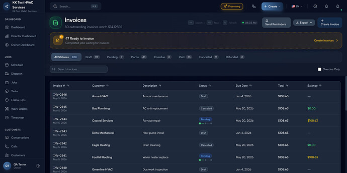 Step 1: Invoices page with outstanding balance, Ready-to-Invoice banner, status tabs, and table