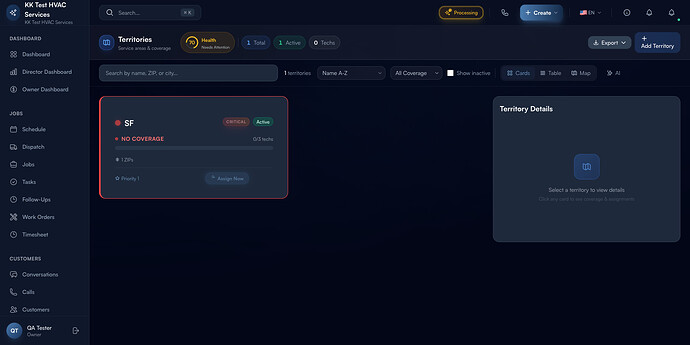 Step 1: Territories page in Cards view with stats header
