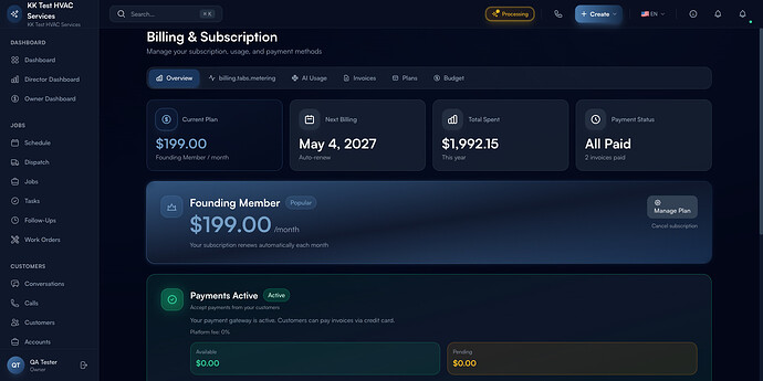 Step 1: Billing & Taxes — payment gateway status with Available / Pending balances