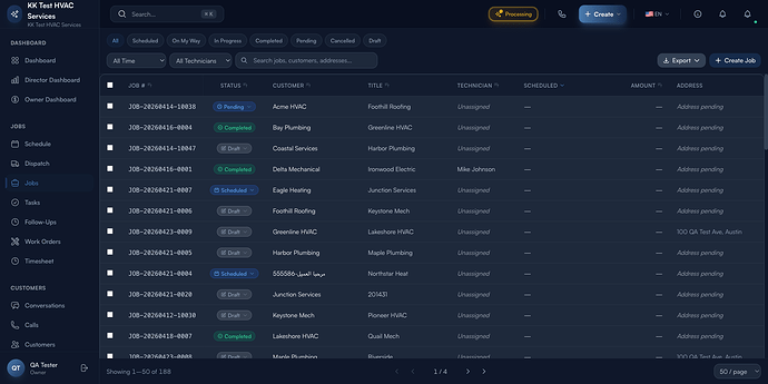 Step 1: Jobs page with stats, status tabs, and the jobs table