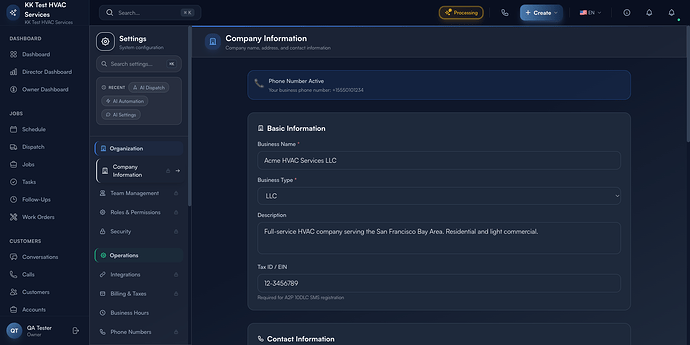 Step 1: Company Information settings page