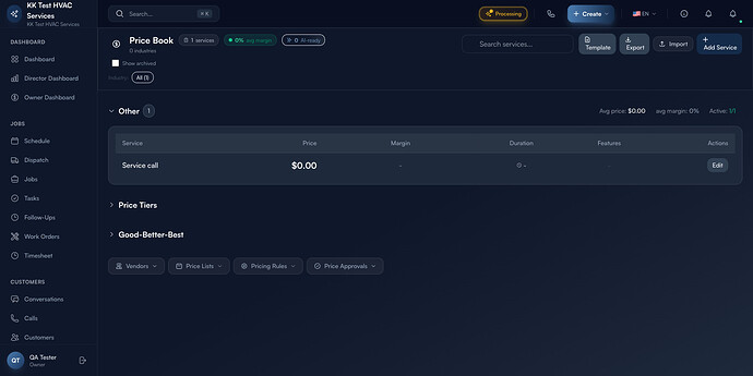 Step 1: Price Book page with service count, average margin, AI assistant, and search