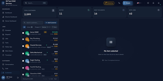 Step 1: Customers page with summary stats, status tabs, and customer cards