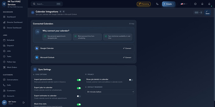 Step 2: Calendar Integrations page with Connected Calendars panel and Sync Settings