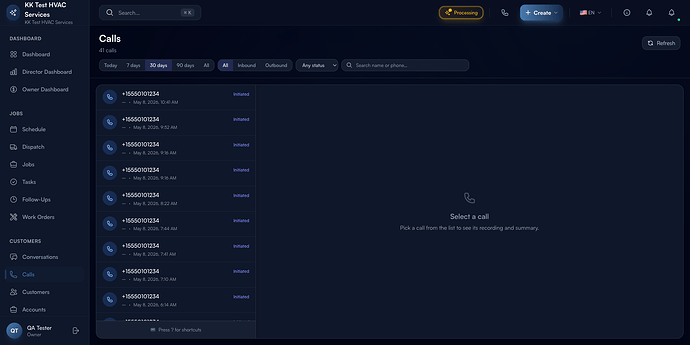 Step 1: Calls page with time filters, direction filters, status, and the call list