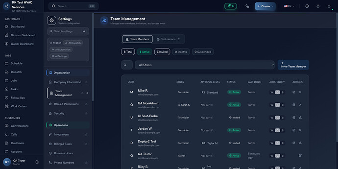 Step 1: Team Management roster with status counters and Invite button