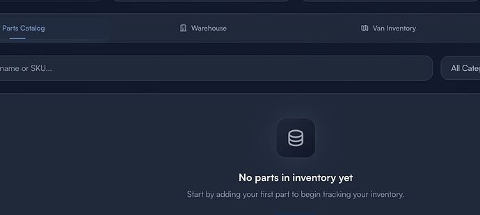 Empty Inventory screen with catalog warehouse and van inventory tabs