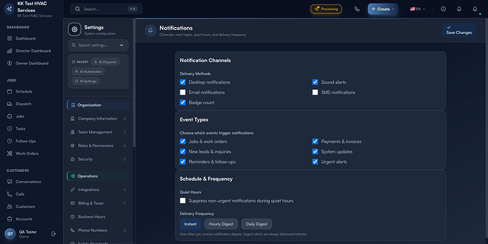 Step 1: Notifications settings page with delivery methods, event types, and schedule controls