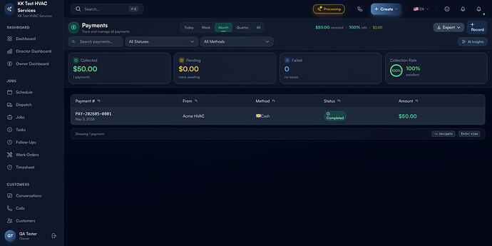 Step 1: Payments page with summary stats and the payments table