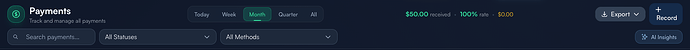 Step 2: Page header — payment count, total received, action buttons