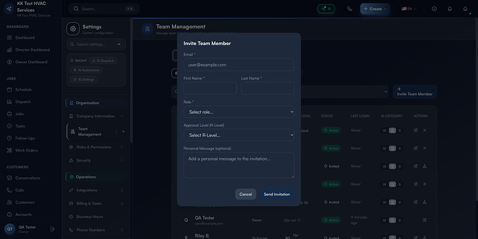 Step 2: Invite Team Member modal with Email, Name, Role, R-Level, Personal Message