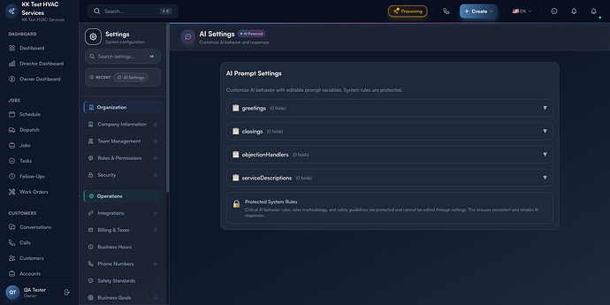 Step 2: AI Settings — prompt categories with Protected System Rules notice