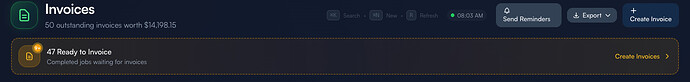 Step 2: Page header — Outstanding balance, count, Send Reminders, Export, Create Invoice