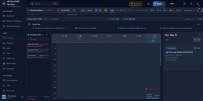 Step 1: Schedule Board with toolbar, tech rows, and job cards