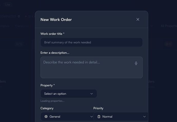 Empty New Work Order form - safe field review
