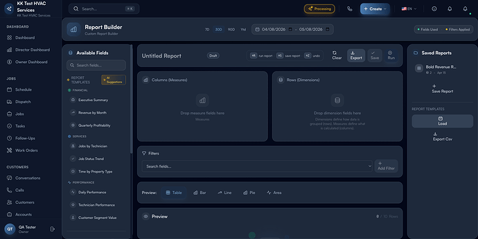 Step 1: Report Builder with field palette, templates, and drop zones