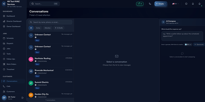 Step 1: Conversations page with thread list, message pane, and AI Compose panel