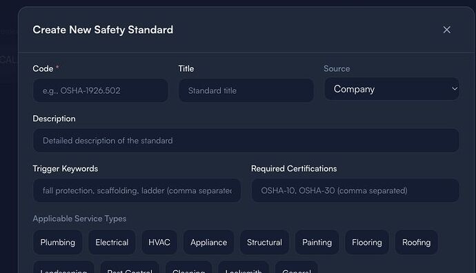 Empty Create New Safety Standard form - safe field review