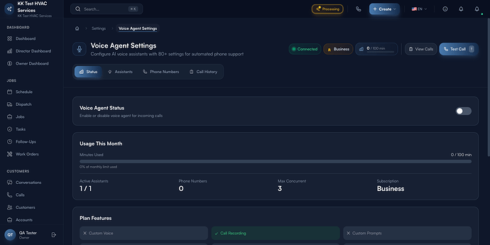 Step 1: Voice Agent Settings — Status tab with usage and plan features