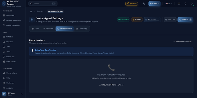 Step 6: Phone Numbers tab — manage AI-routed numbers