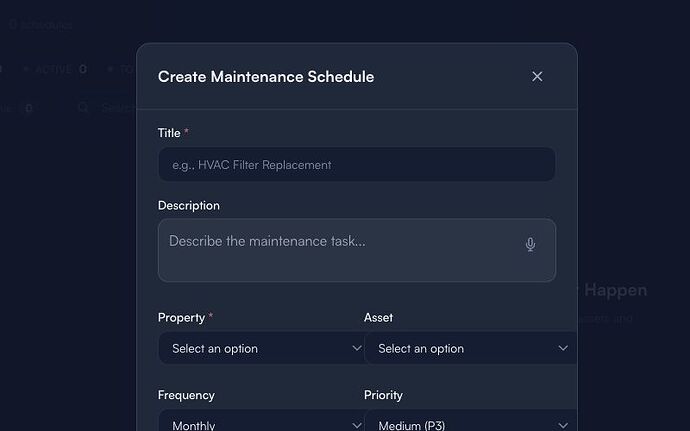 Empty Create Maintenance Schedule form - safe field review