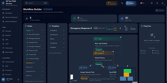 Step 1: Workflow Builder canvas with palette, templates, and a sample emergency-response workflow