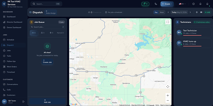 Step 1: Dispatch page with Job Queue, Map, and Technicians panel