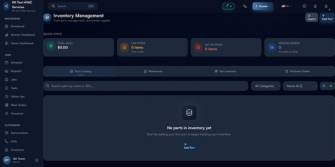 Step 1: Inventory Management dashboard with Quick Stats and tab navigation
