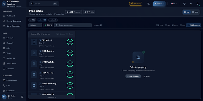 Step 1: Properties page with stats, type filters, and property cards