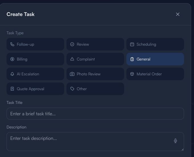 Empty Create Task form - safe task type review